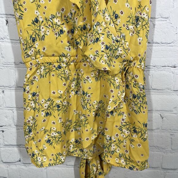 Max Studio Blouse Womens XL Yellow Floral Daisy Waist Belted Prairy Bohemian Top - Picture 8 of 12